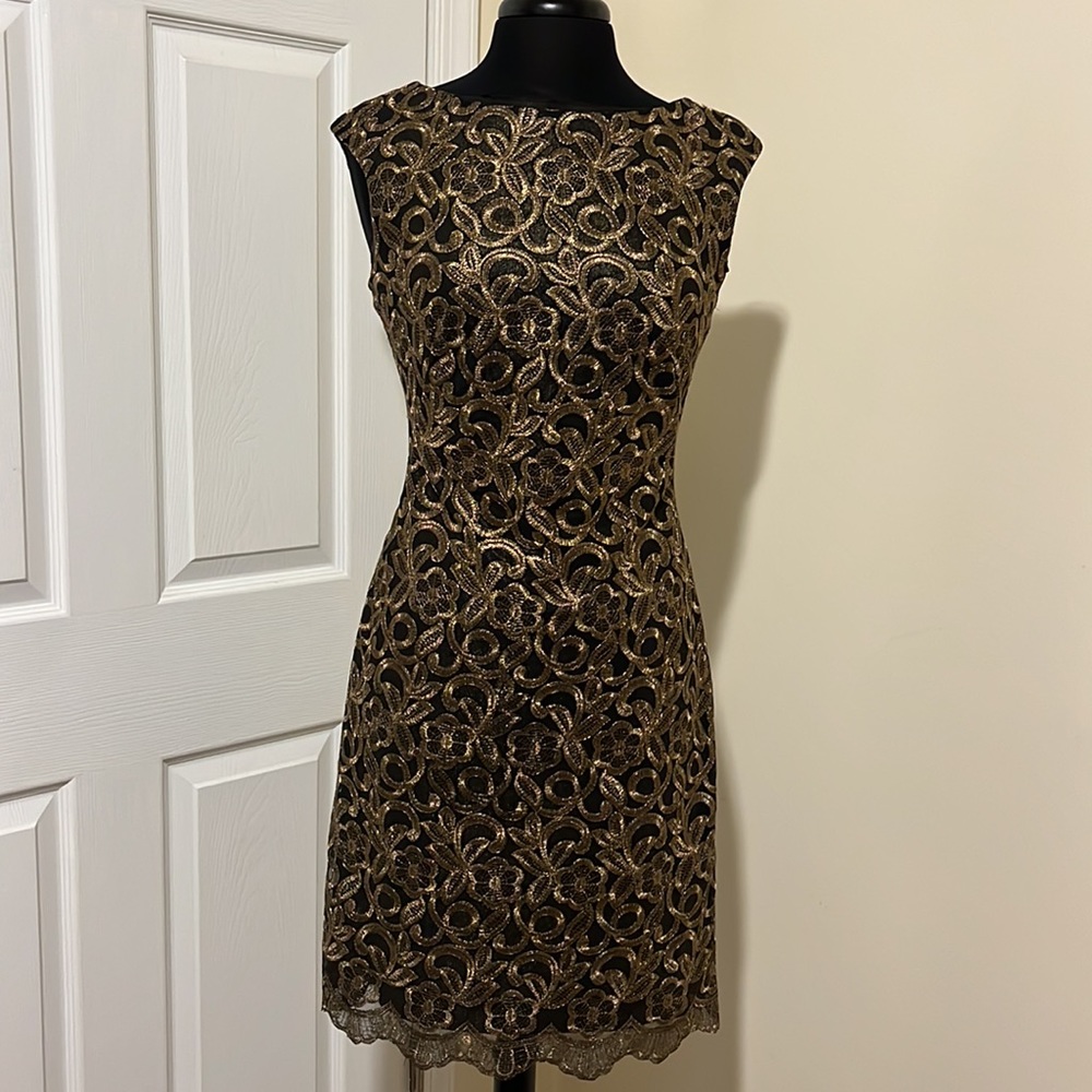 Ralph Lauren sleeveless black with gold lace floral dress size 6